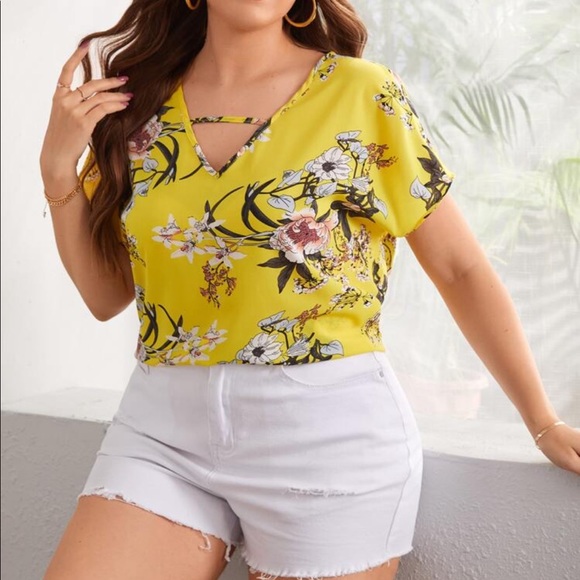 Boho Plus Size Floral Print Cottagecore V Neck Top Blouse Yellow - Picture 3 of 16